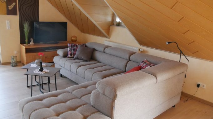 Gemütliche Wohnlandschaft in einem Dachzimmer mit Fernseher und Stehlampe.